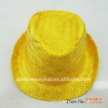 Dyed yellow straw fedora hat natural cheap promotional gift with custom design logo